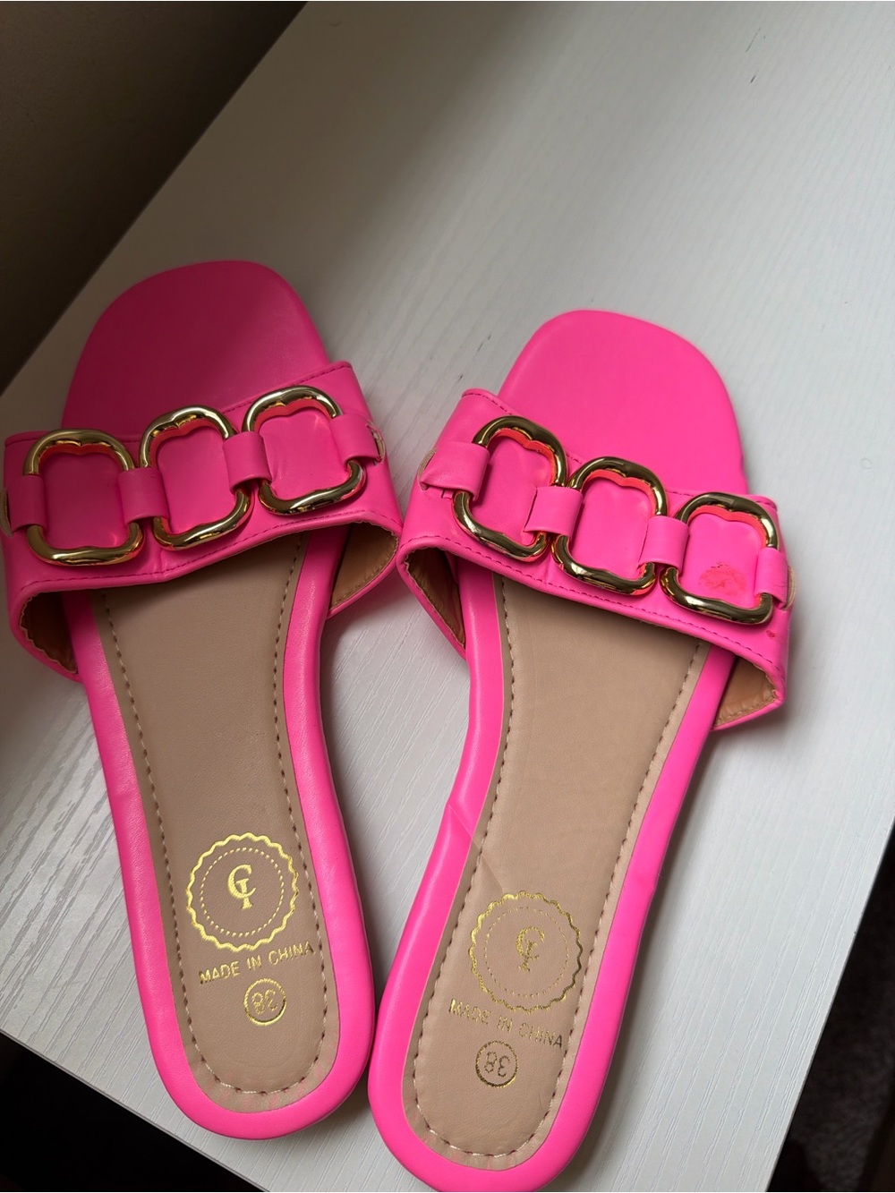 Hot Pink Slide Sandals with Gold Chain Detail - Women